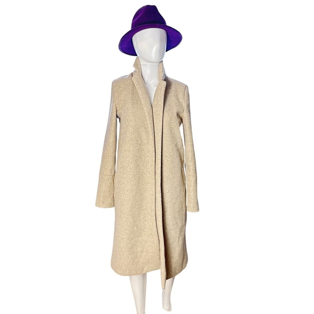 Zara Womens Beige Long Coat Medium Open Front Wool Blend Winter Overcoat